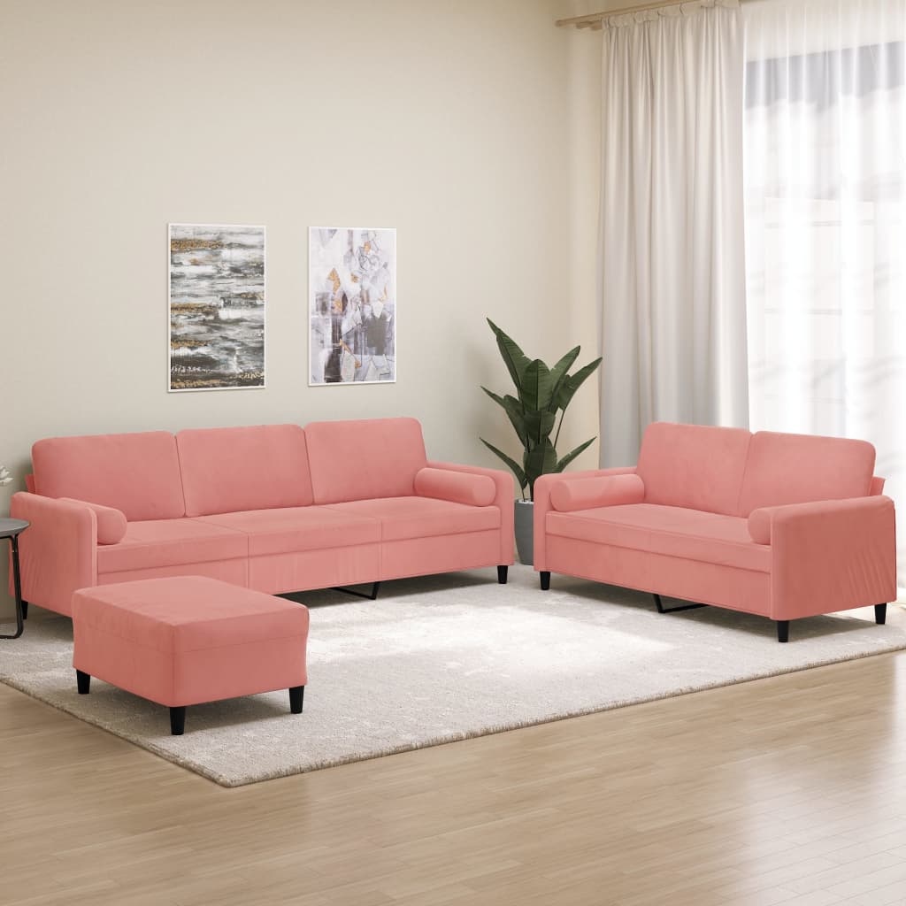 3-tlg. Sofagarnitur mit Kissen Rosa Samt | Stepinfit.de