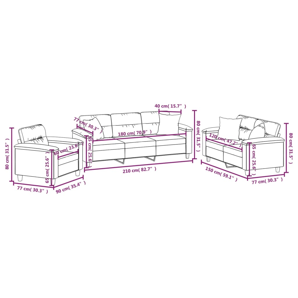 Set de canapele cu perne, 3 piese, gri deschis, microfibră