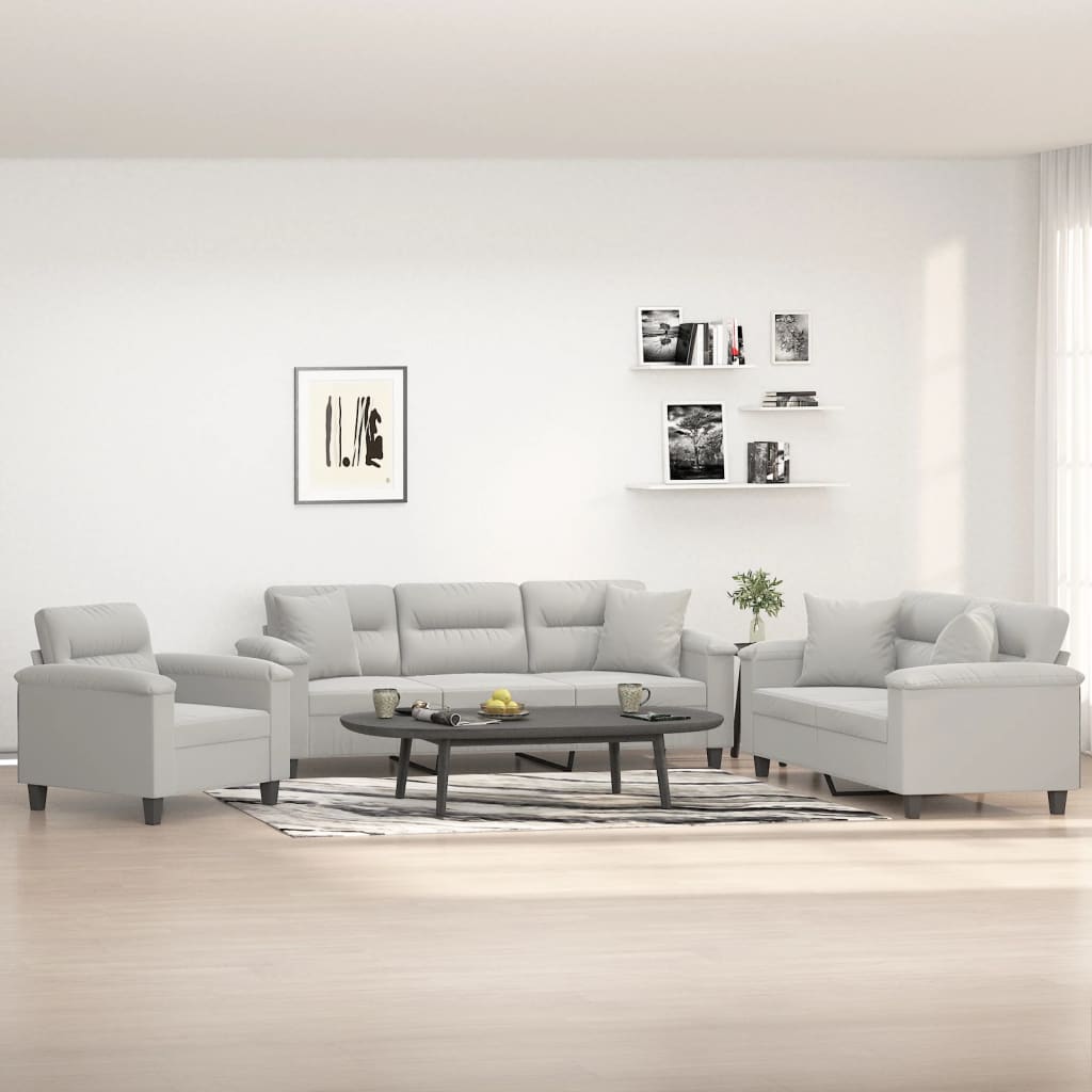 Set de canapele cu perne, 3 piese, gri deschis, microfibră