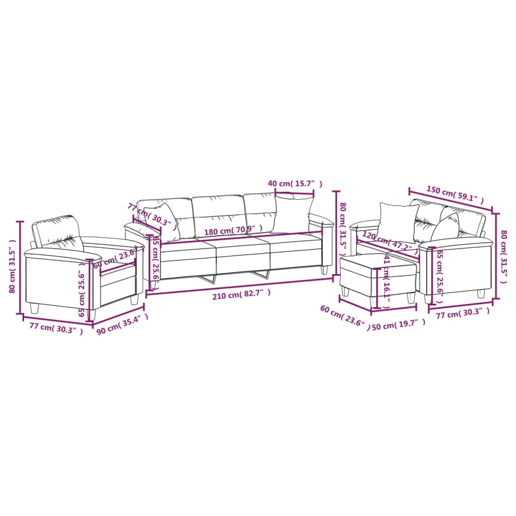 Set de canapele cu perne, 4 piese, gri deschis, microfibră