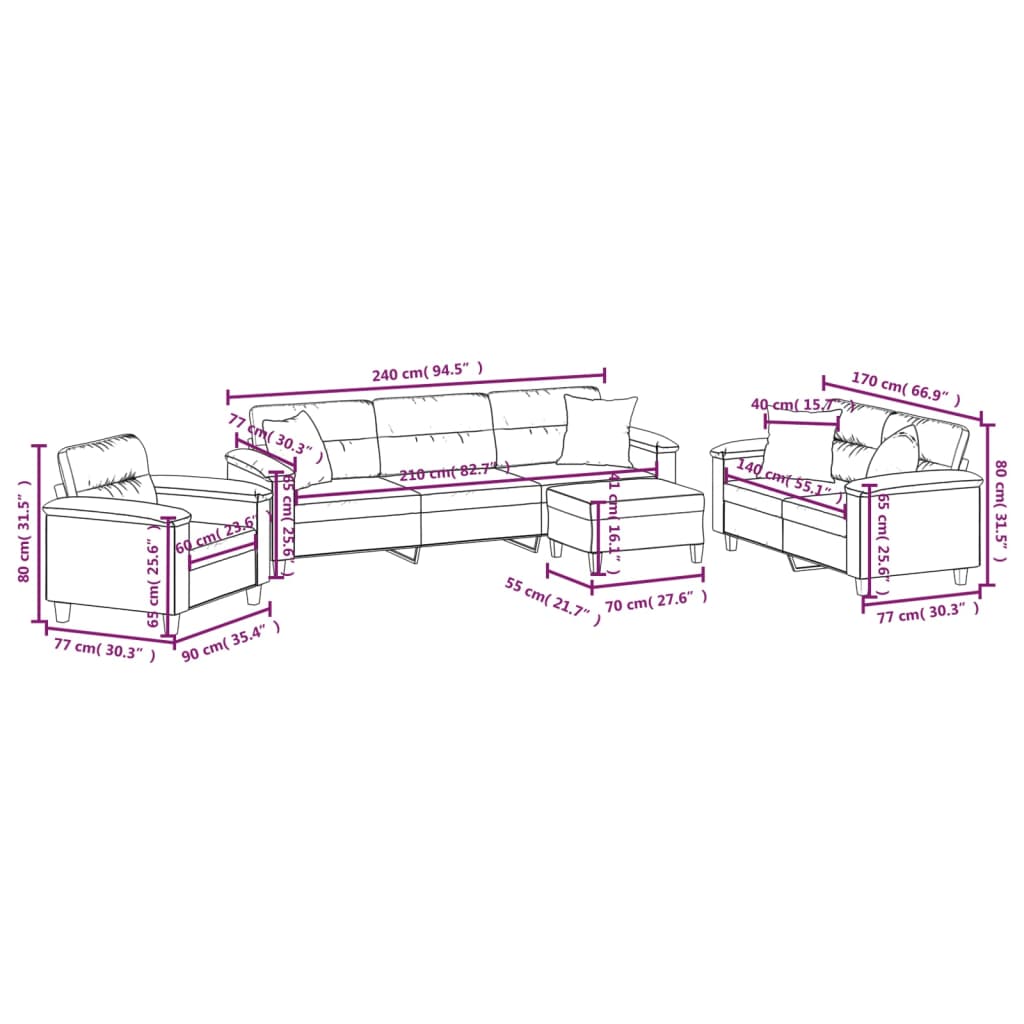 Set de canapele cu perne, 4 piese, gri deschis, microfibră