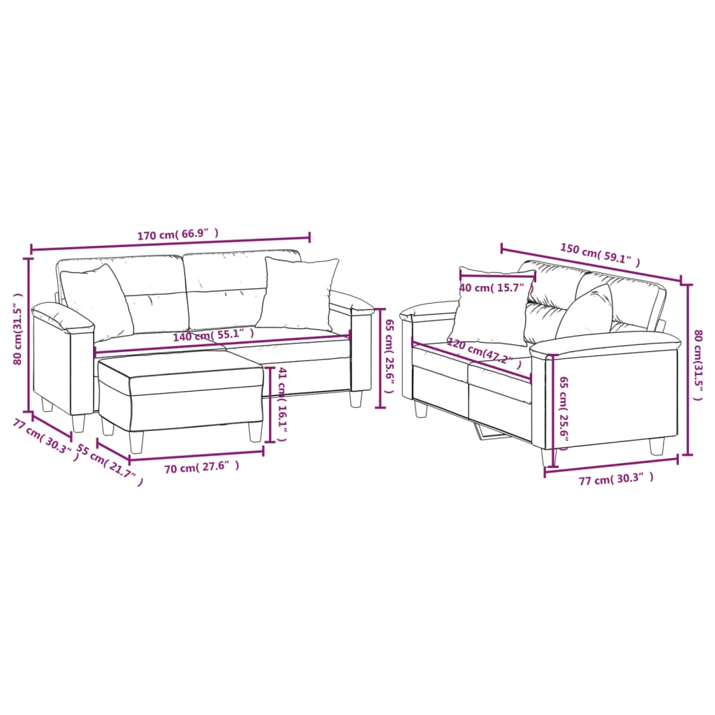 Set de canapele cu perne, 3 piese, gri deschis, microfibră