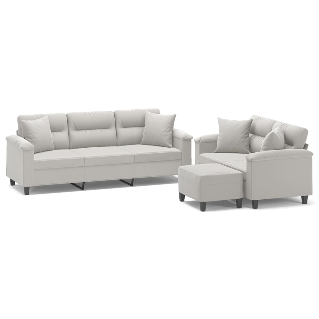 Set de canapele cu perne, 3 piese, gri deschis, microfibră