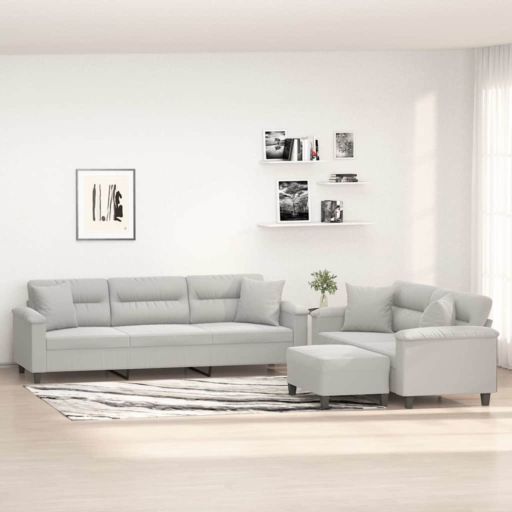 Set de canapele cu perne, 3 piese, gri deschis, microfibră