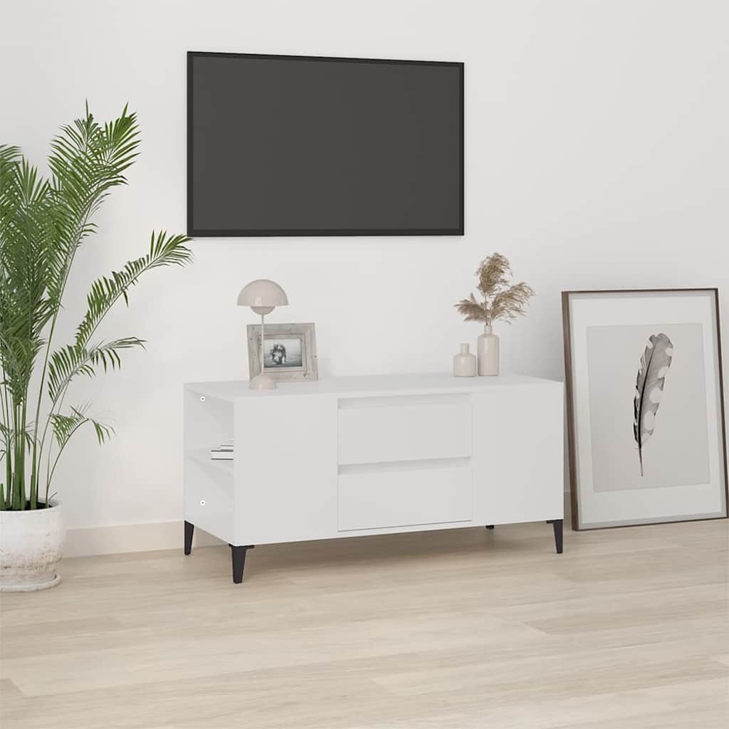 Tv-bord i hvidt konstrueret træ - 102 × 44,5 × 50 cm med skuffer og hylder