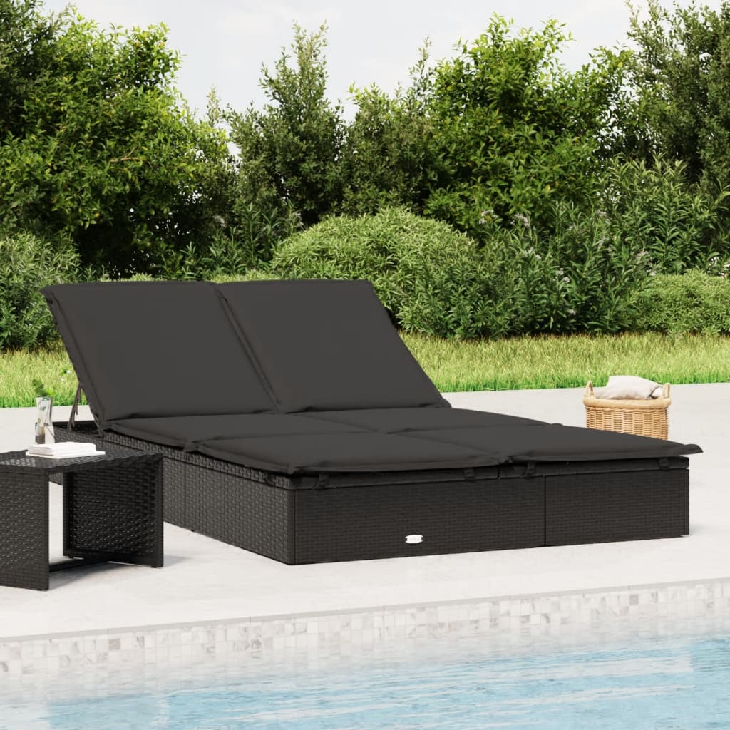 vidaXL 2-Person Sunbed with Cushions Black Poly Rattan