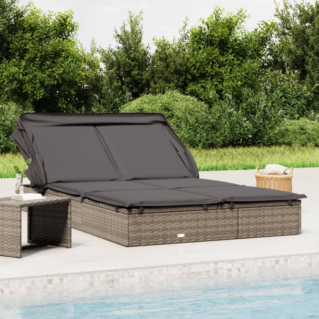 vida XL 2-Personen-Sonnenliege mit Dach Grau 213x 118x 97 Poly Rattan