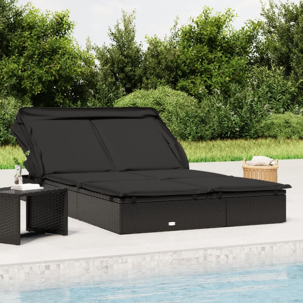vida XL 2-Personen-Sonnenliege mit Dach Schwarz 213x 118x 97 Poly Rattan