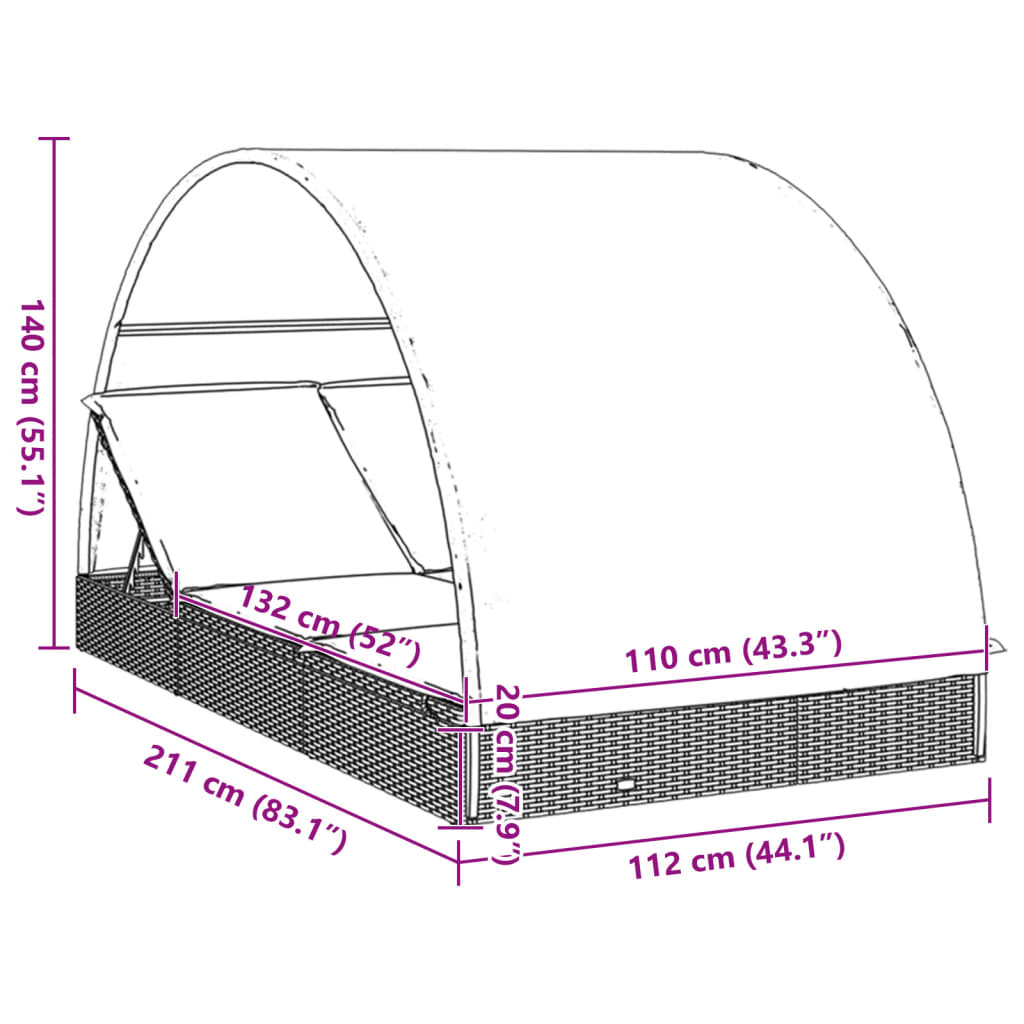 2 személyes barna polyrattan napágy kerek tetővel 211x112x140cm