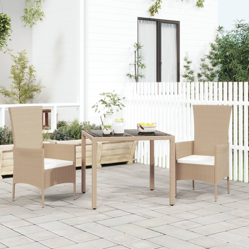 vidaXL Gartentisch mit Glasplatte Beige Poly Rattan & Hartglas