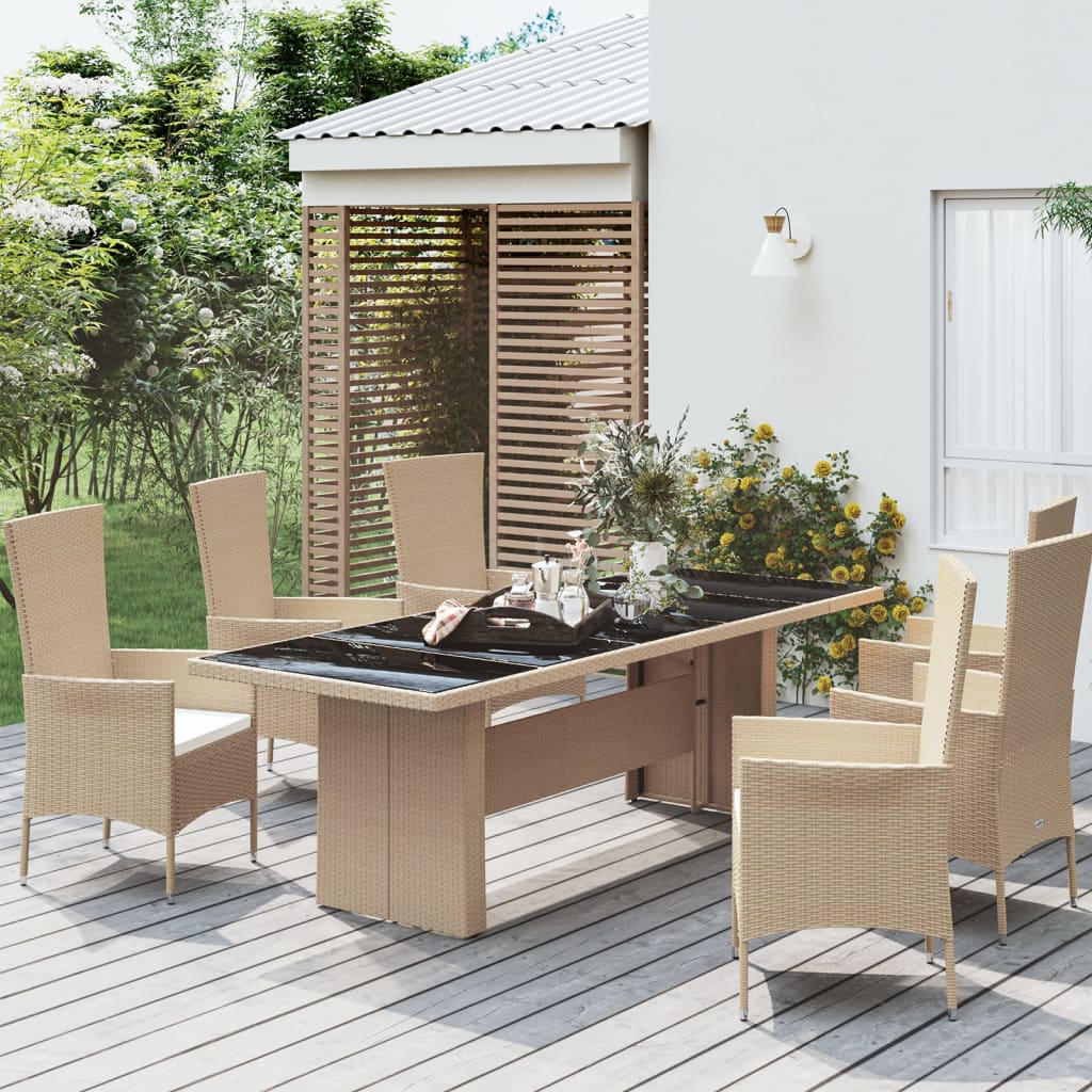 vidaXL Table de jardin plateau en verre Résine tressée verre trempé