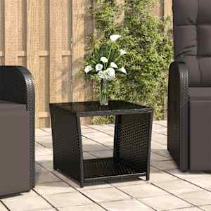 Čajna mizica s stekleno ploščo črn poli ratan in kaljeno steklo