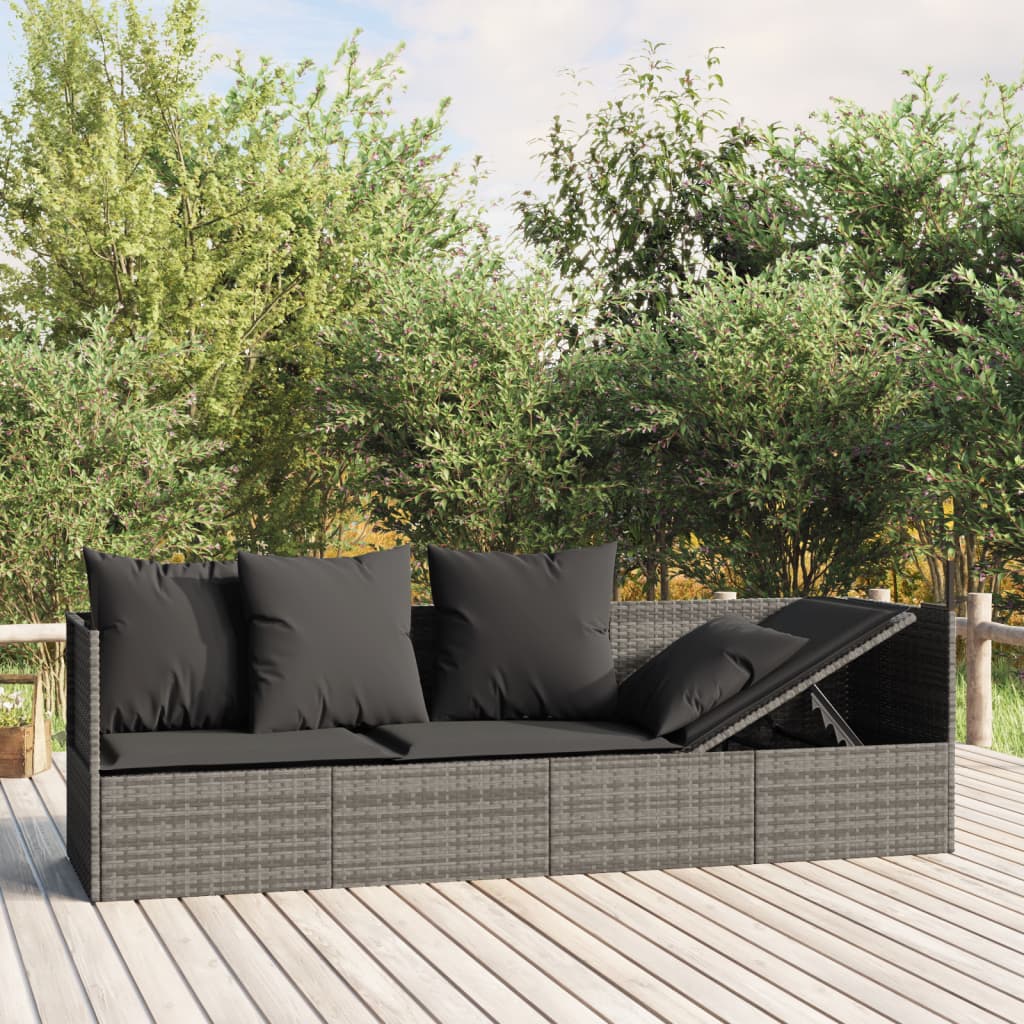 vidaXL Outdoor-Loungebett mit Kissen Grau Poly Rattan