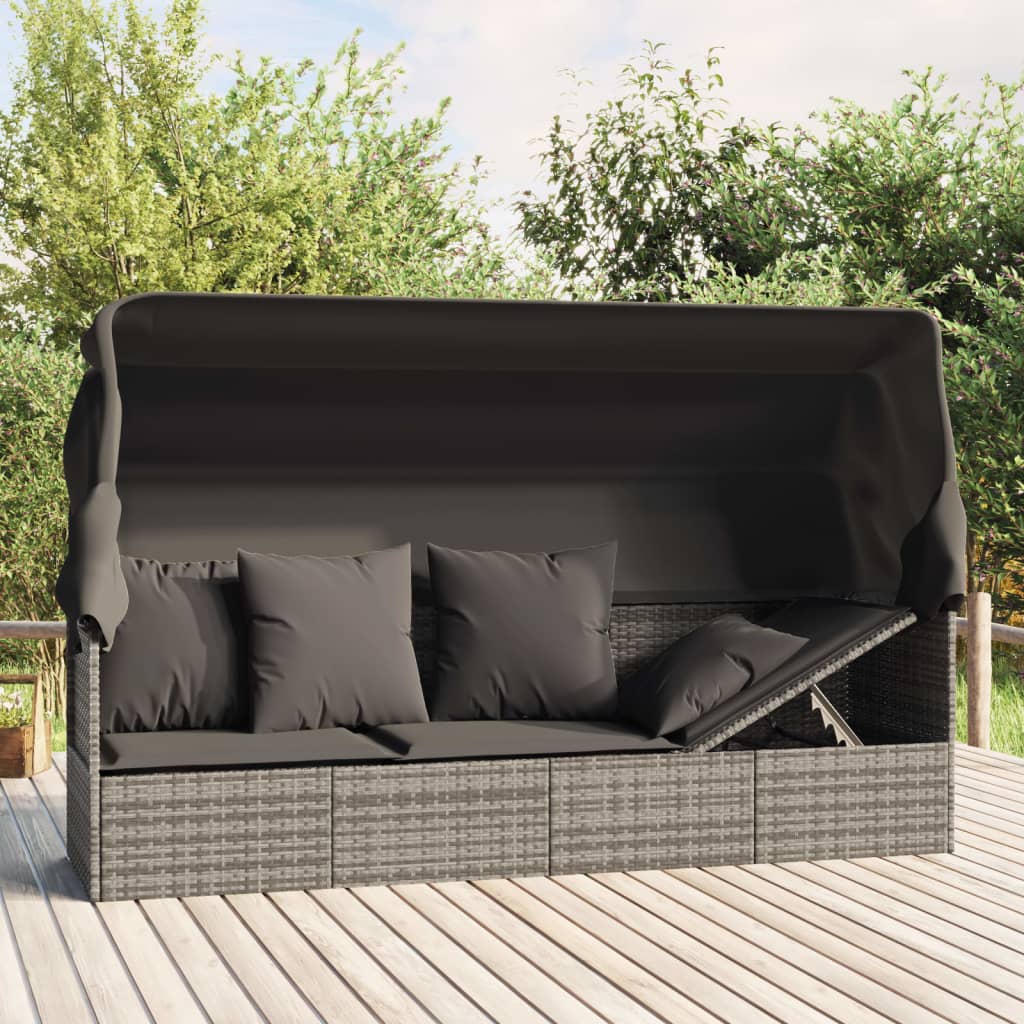 vida XL Outdoor-Loungebett mit Dach und Kissen Grau Poly Rattan