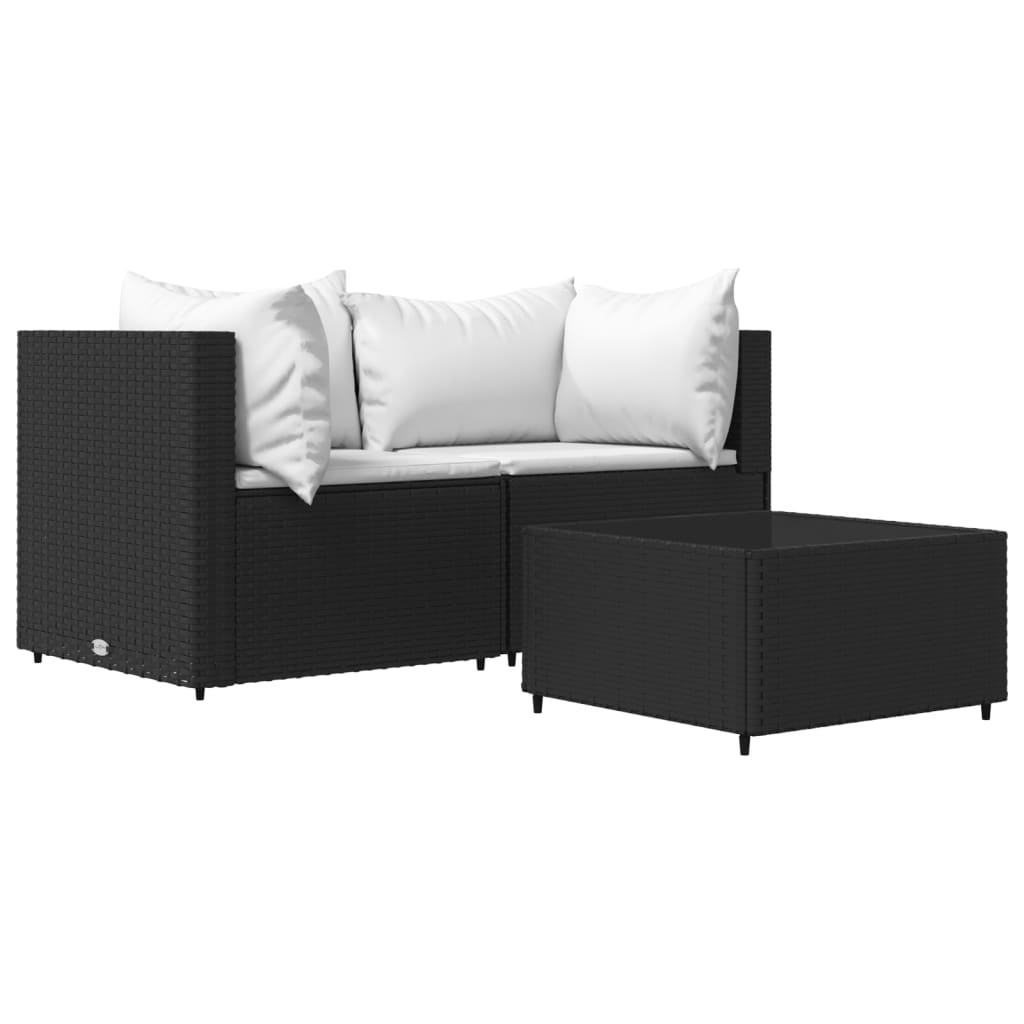 Image of vidaXL 3 Piece Garden Lounge Set with Cushions Black Poly Rattan