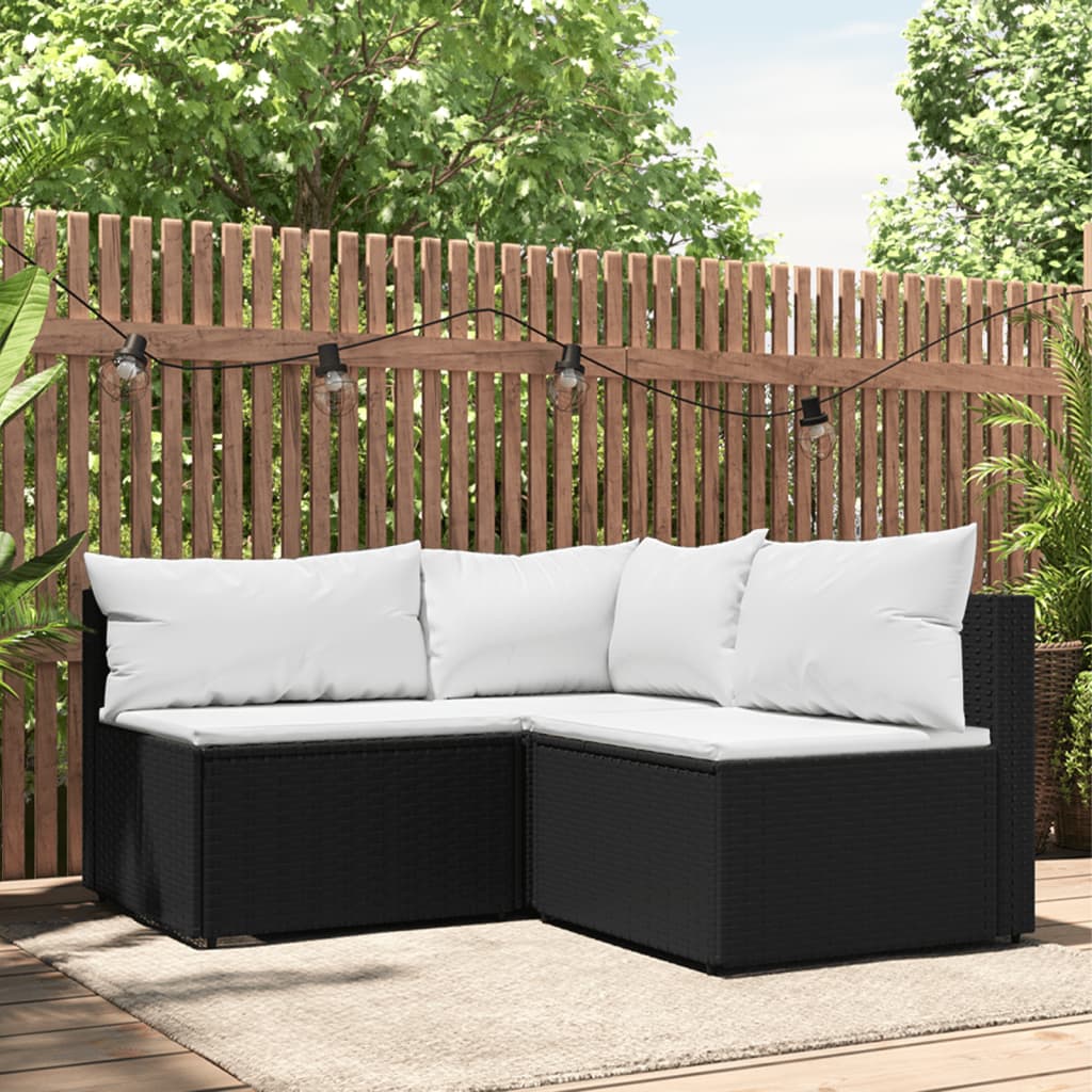 vidaXL 3-tlg. Garten-Lounge-Set mit Kissen Schwarz Poly Rattan