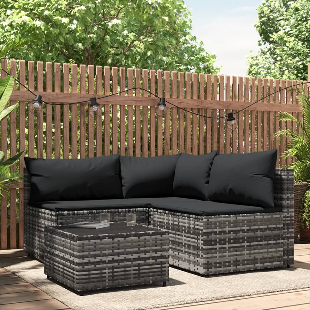 vidaXL 4-tlg. Garten-Lounge-Set mit Kissen Grau Poly Rattan