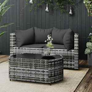 Vrtna sedežna garnitura 3-delna z blazinami siv poli ratan