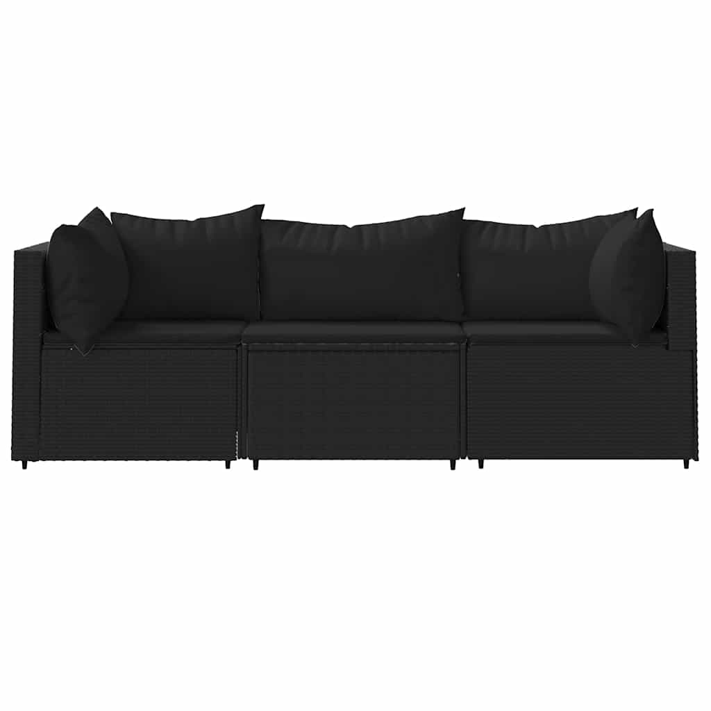 vidaXL 3-delige Loungeset met kussens poly rattan zwart afbeelding