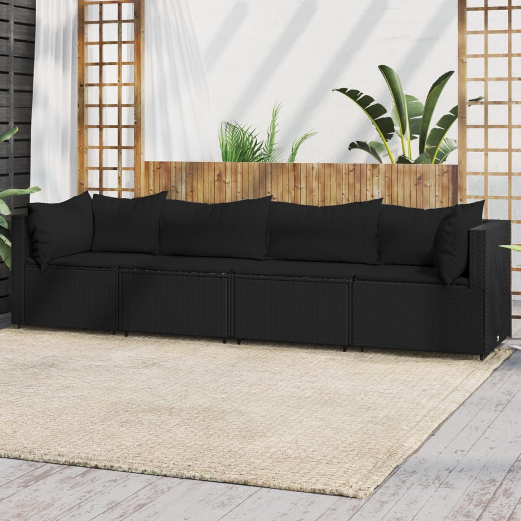 4-tlg. Garten-Lounge-Set mit Kissen Schwarz Poly Rattan