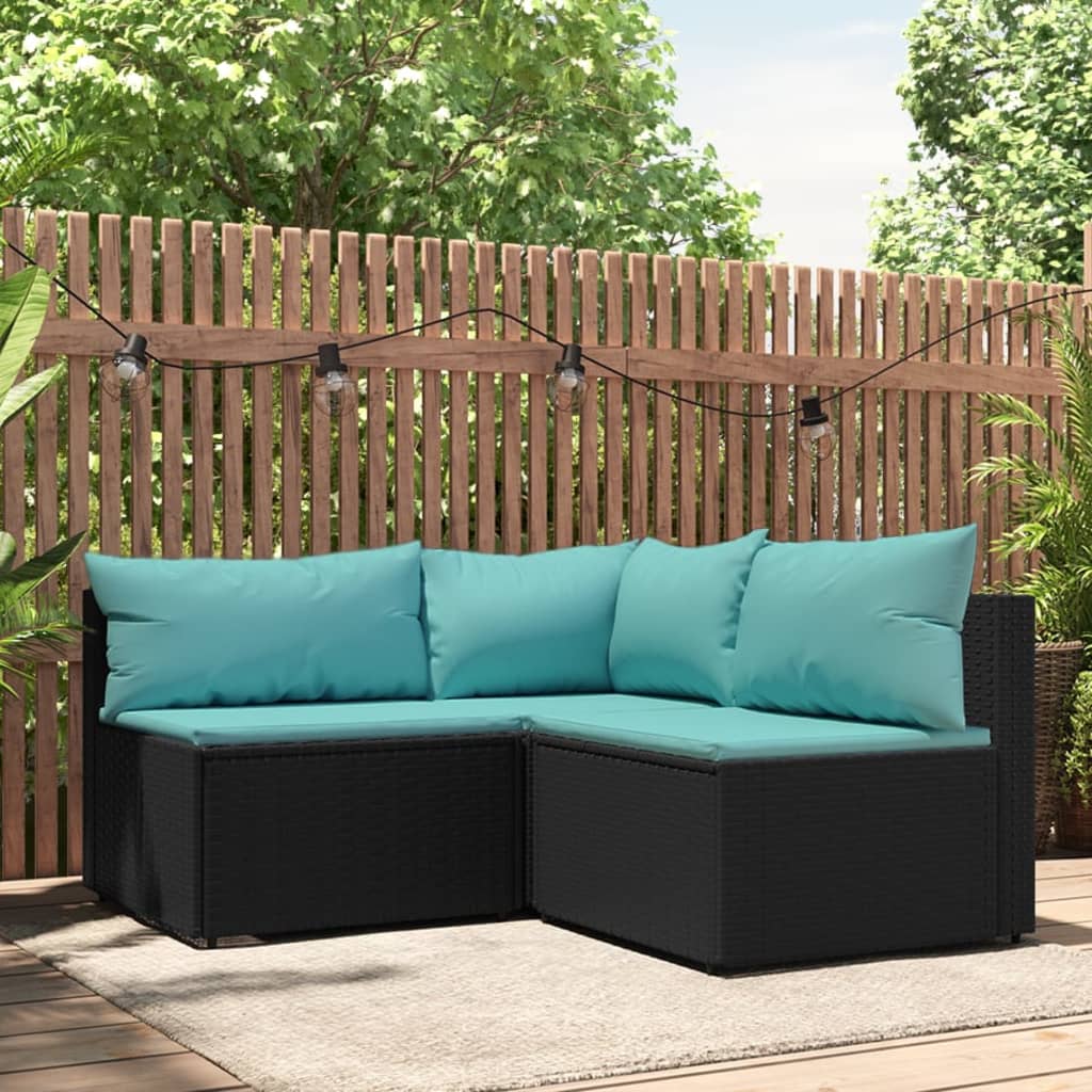 vidaXL Salon de jardin 3 pcs avec coussins Noir Résine tressée