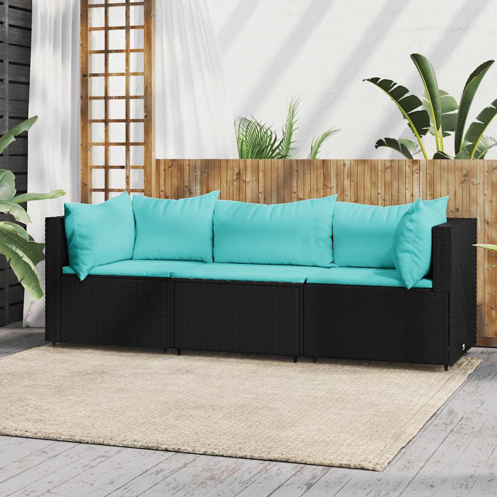 vidaXL 3 pcs conjunto lounge de jardim c/ almofadões vime PE preto