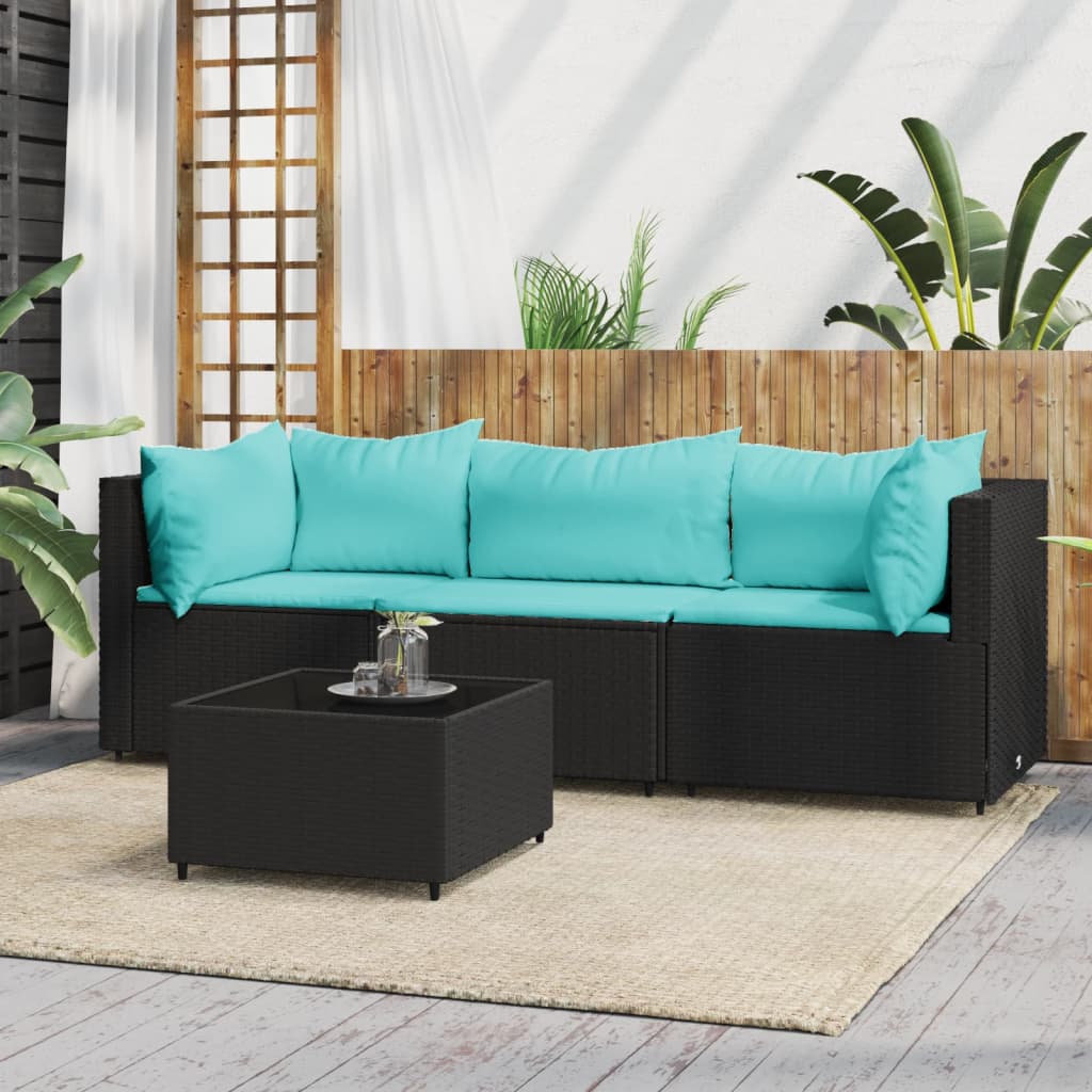 vidaXL 4-tlg. Garten-Lounge-Set mit Kissen Schwarz Poly Rattan