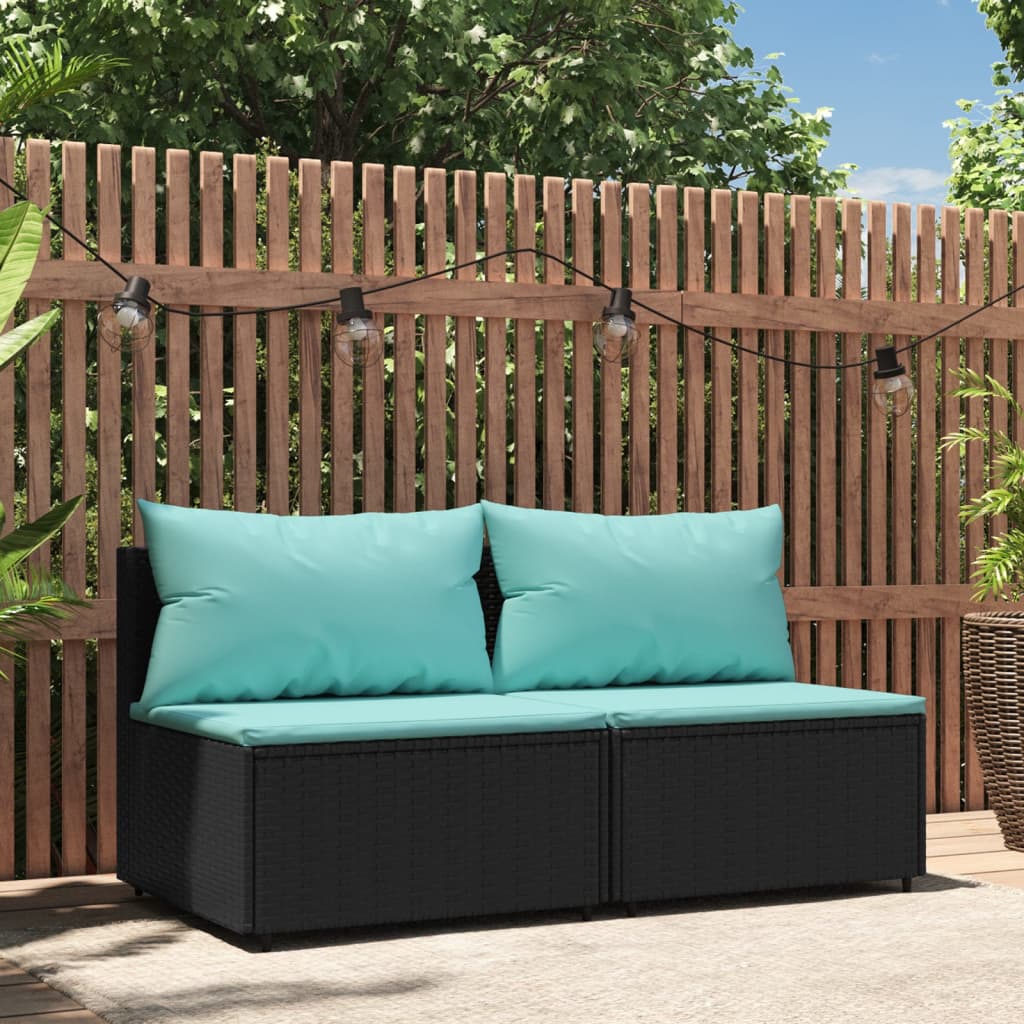 vidaXL Garten-Mittelsofas mit Kissen 2 Stk. Schwarz Poly Rattan