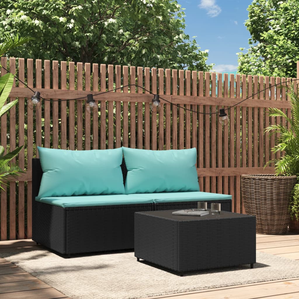 vidaXL Salon de jardin 3 pcs avec coussins Noir Résine tressée