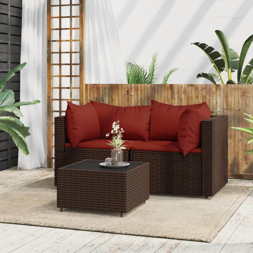 vidaXL 3-tlg. Garten-Lounge-Set mit Kissen Braun Poly Rattan