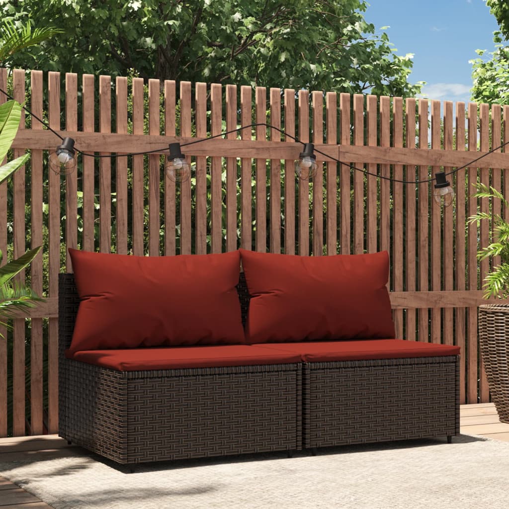 vidaXL Garten-Mittelsofas mit Kissen 2 Stk. Braun Poly Rattan