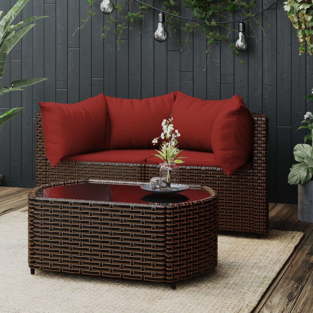 3-tlg. Garten-Lounge-Set mit Kissen Braun Poly Rattan