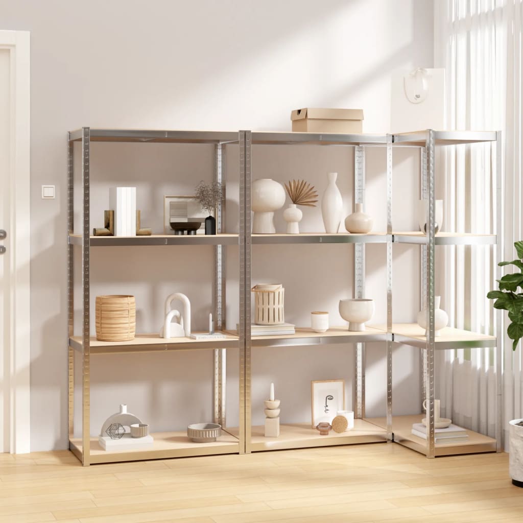 vida XL Regale mit 4 Böden 3 Stk. Silbern Stahl & Holzwerkstoff