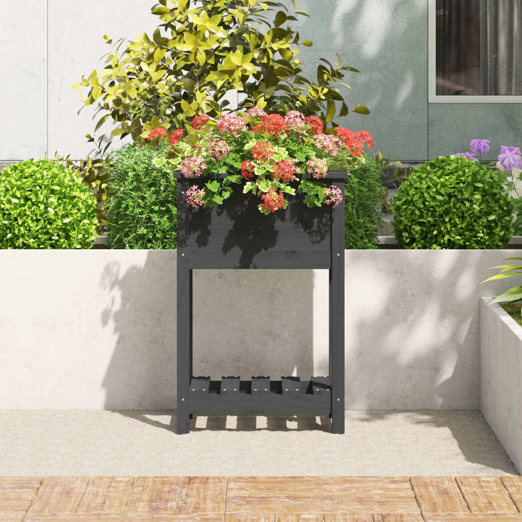 vidaXL Plantenbak met schap 54x34,5x81 cm massief grenenhout grijs afbeelding