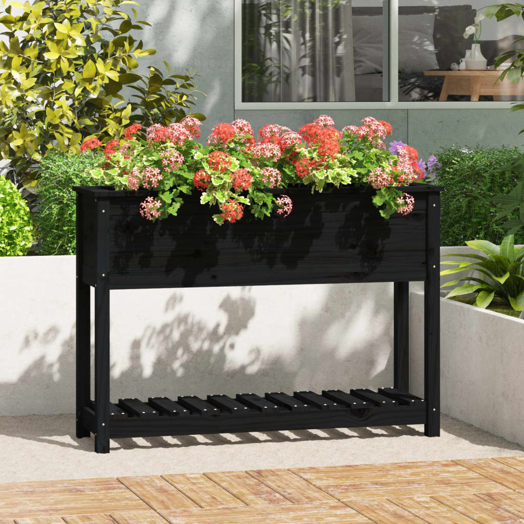 vidaXL Jardinieră cu raft, negru, 111,5x34,5x81 cm, lemn masiv de pin