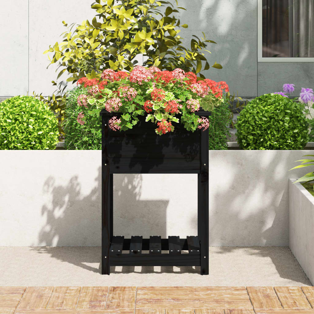 vidaXL Plantenbak met schap 54x54x81 cm massief grenenhout zwart afbeelding