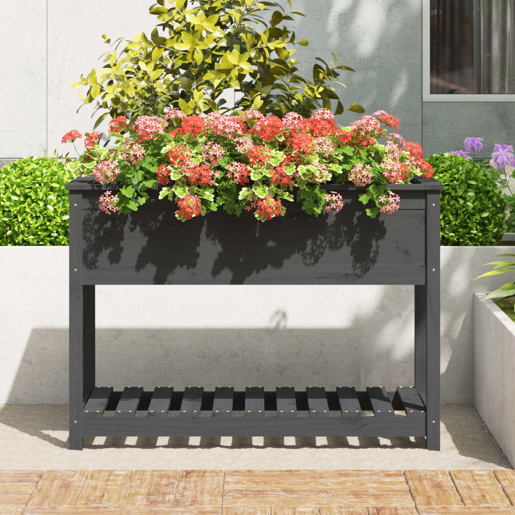 vidaXL Plantenbak met schap 111,5x54x81 cm massief grenenhout grijs afbeelding