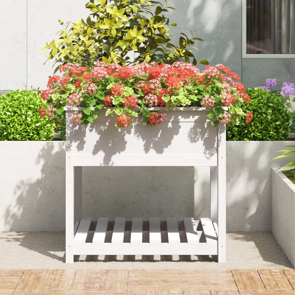 vidaXL Plantenbak met schap 82,5x82,5x81 cm massief grenenhout wit afbeelding