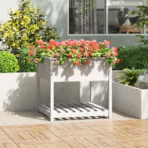 Visoka greda s polico bela 82,5x82,5x81 cm trdna borovina