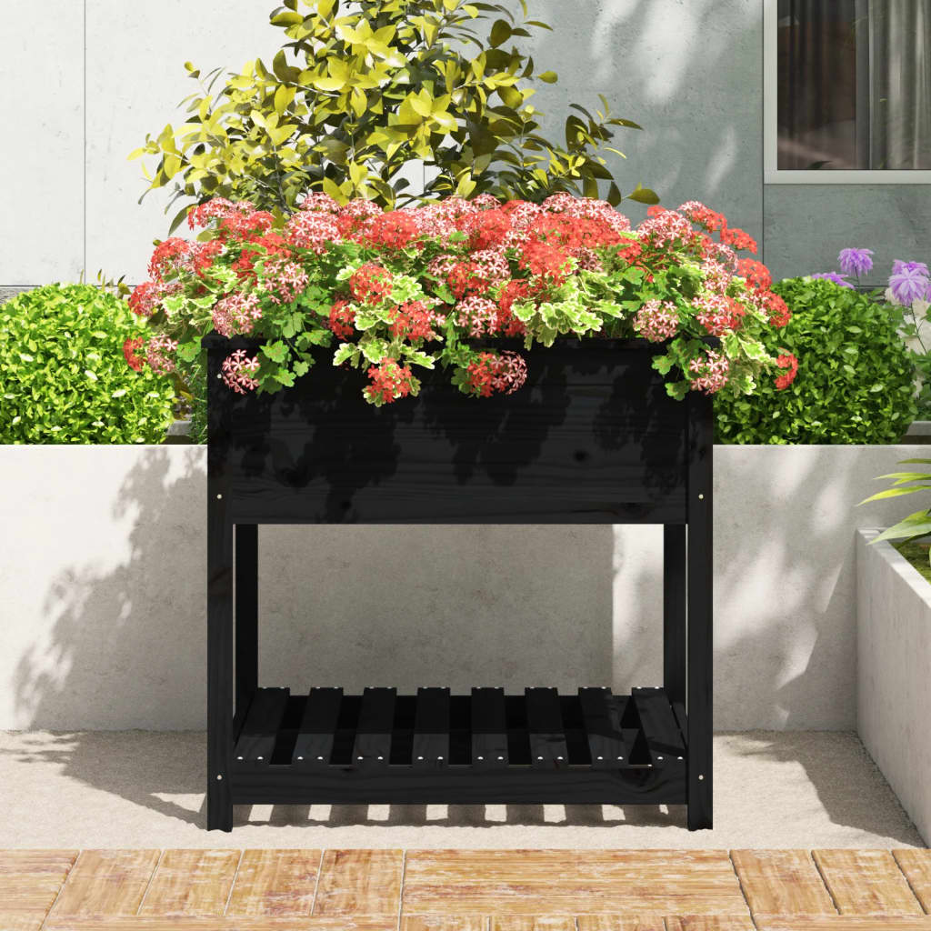 vidaXL Plantenbak met schap 82,5x82,5x81 cm massief grenenhout zwart afbeelding