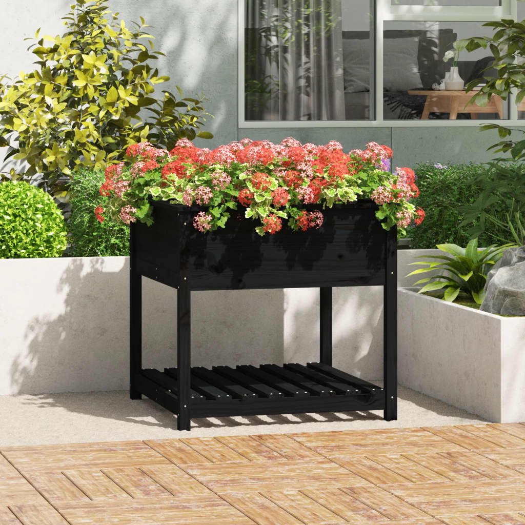 vidaXL Jardinieră cu raft, negru, 82,5x82,5x81 cm, lemn masiv de pin