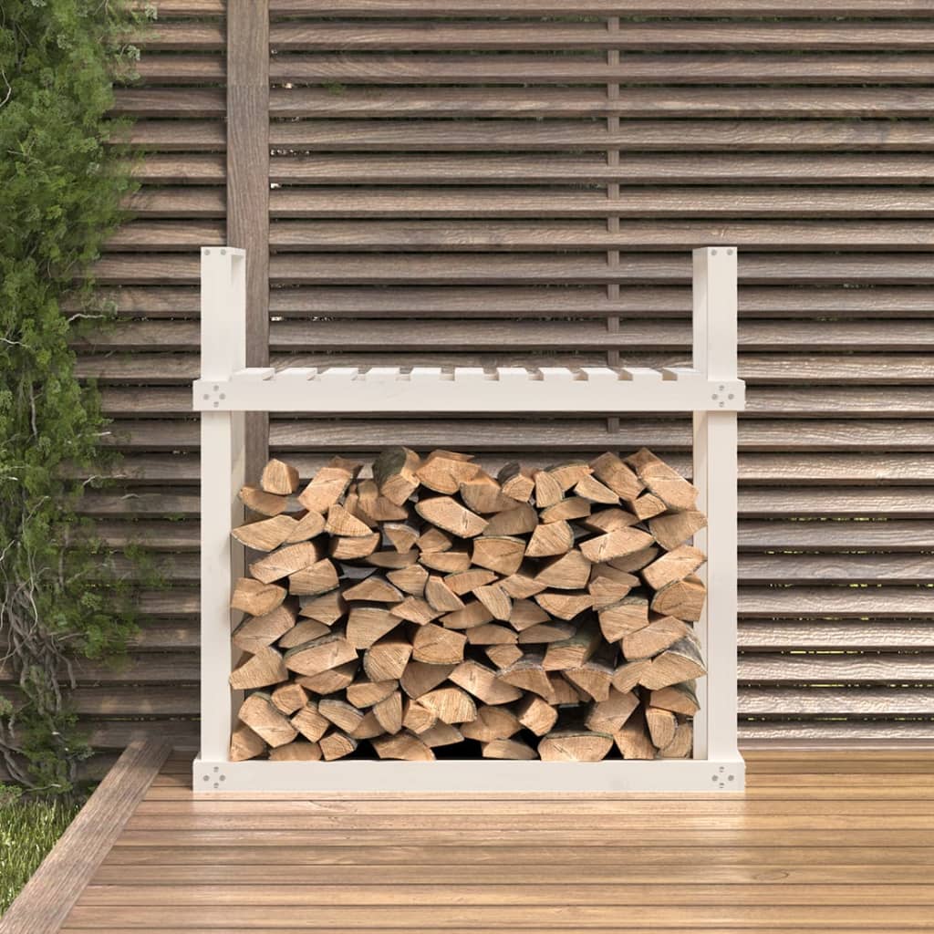 vidaXL Stojan na palivové drevo biely 110x35x108,5 cm masívna borovica