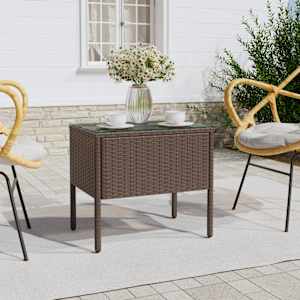 Stranska mizica rjava 53x37x48 cm poli ratan in kaljeno steklo