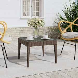 Stranska mizica rjava 50x50x38 cm poli ratan in kaljeno steklo