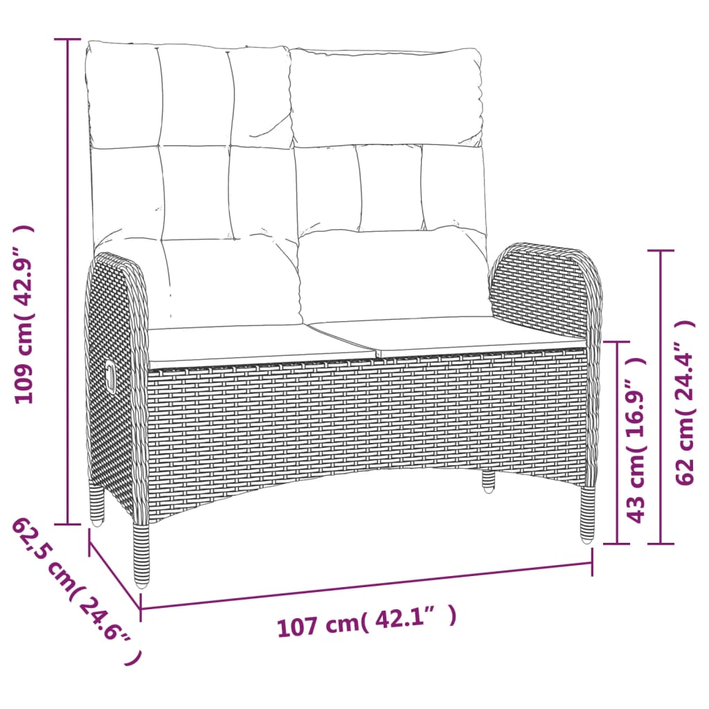 Polohovací zahradní lavice s poduškami 107 cm polyratan šedá