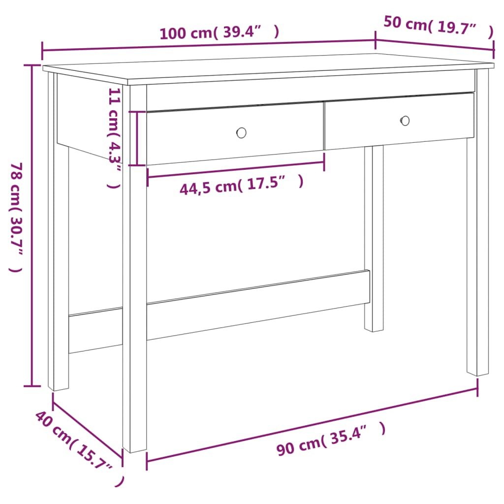 imagem de vidaXL Secretária com gavetas 100x50x78 cm pinho maciço branco11