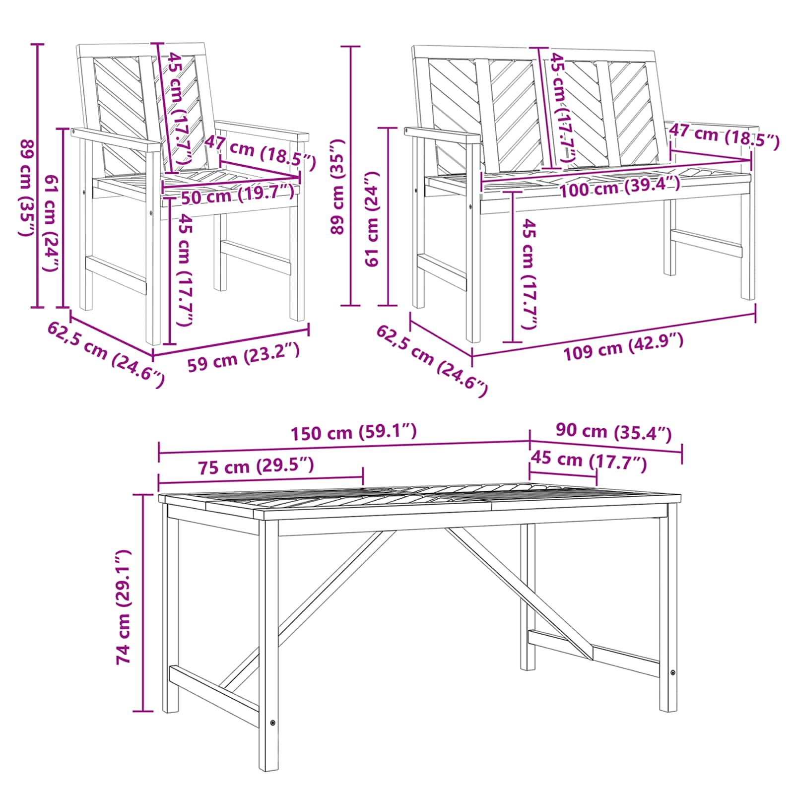 Komplet za jedilnico v vrtu 4 pcs Rjava Masiven les akacije - slika 12