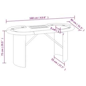 Pokerový stůl pro 10 hráčů držák na chipy modrý 160x80x75 cm - obrázek 6