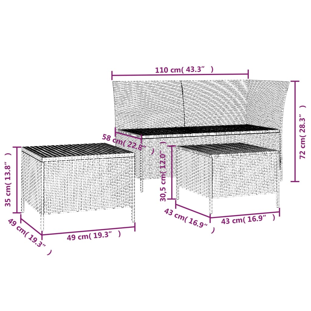 3 részes szürke polyrattan kerti ülőgarnitúra párnákkal