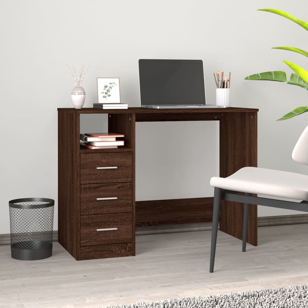 vidaXL skrivebord m. skuffer 102x50x76 cm konstrueret træ brun egetræ